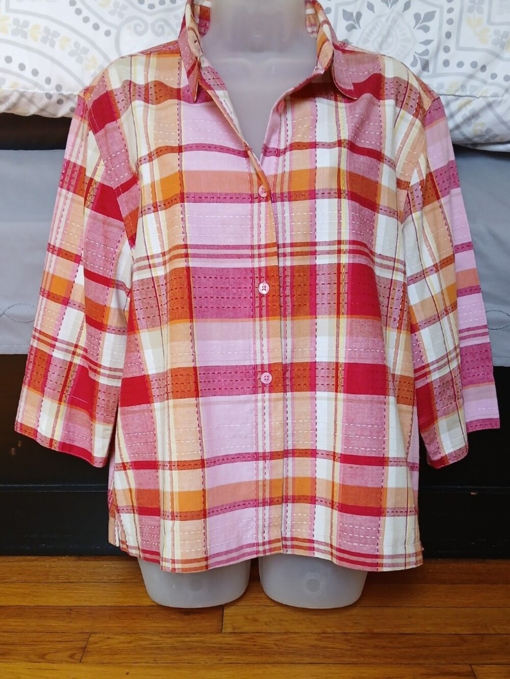 Vintage Textured Madras Plaid 3/4 Sleeve Blouse | Coral Orange Yellow